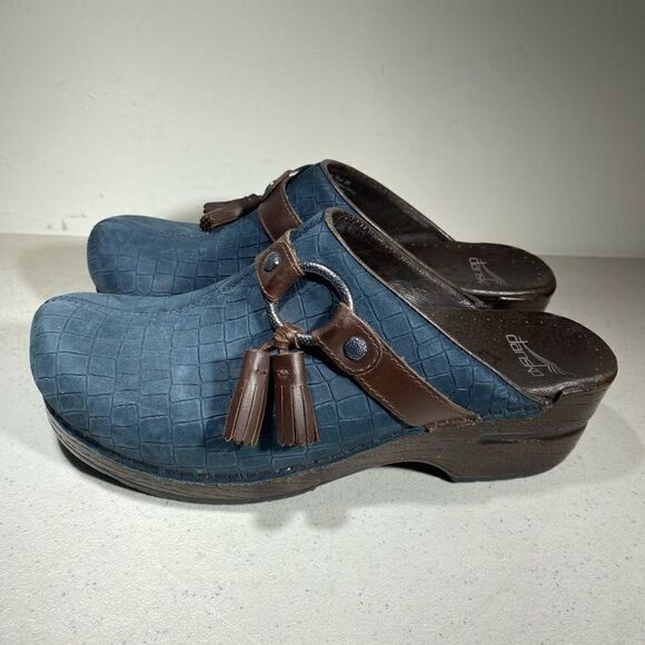 Dansko Shannon Blue Stapled Nubuck Leather Slip On Clog Tassels 38 US 7.5 - 8 M - Picture 4 of 6